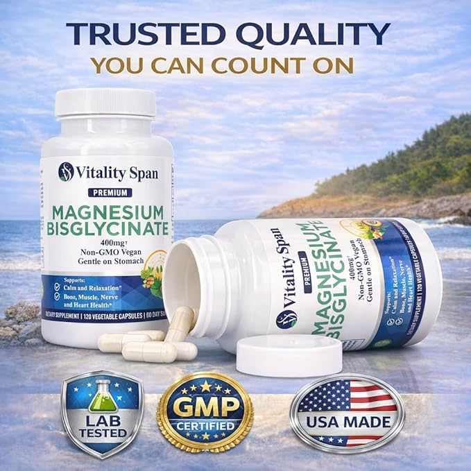 Magnesium Glycinate 400mg Chelated Magnesium Bisglycinate for Relaxation and Sleep Aid Extra Strength with Magnesium Oxide Gentle on Stomach Vegan 120 Capsules Made in USA