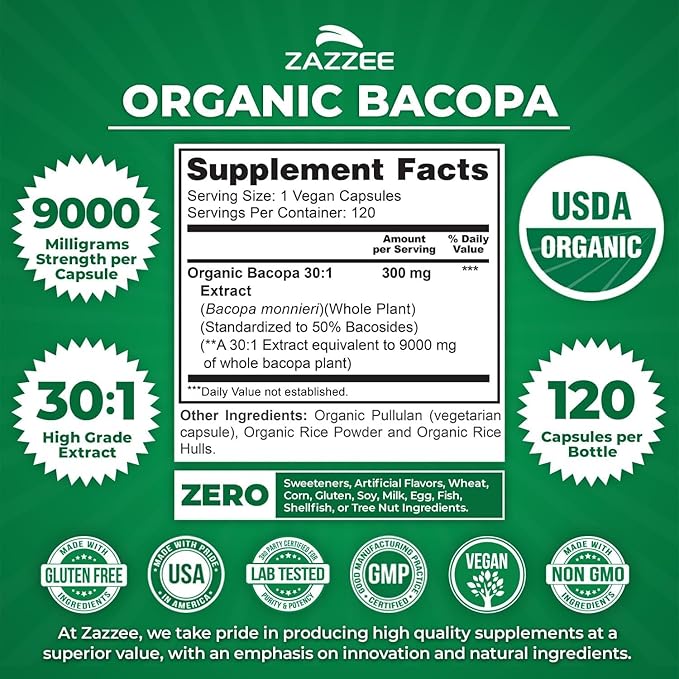 Zazzee Herbal Mind &amp Memory Support Bundle | USDA Organic Bacopa 30:1 Extract Plus Alpha GPC Choline Capsules | Non-GMO Vegan &amp ISO Lab Tested