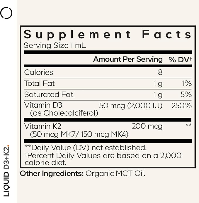 Codeage Liquid D3+K2 Vitamins USDA Organic - Vitamin D3 2000 IU Vitamin K2 (MK4 &amp MK7) Liquid Drops - Immune Support - Unflavored - Organic MCT Oil - Non-GMO - 1 fl oz