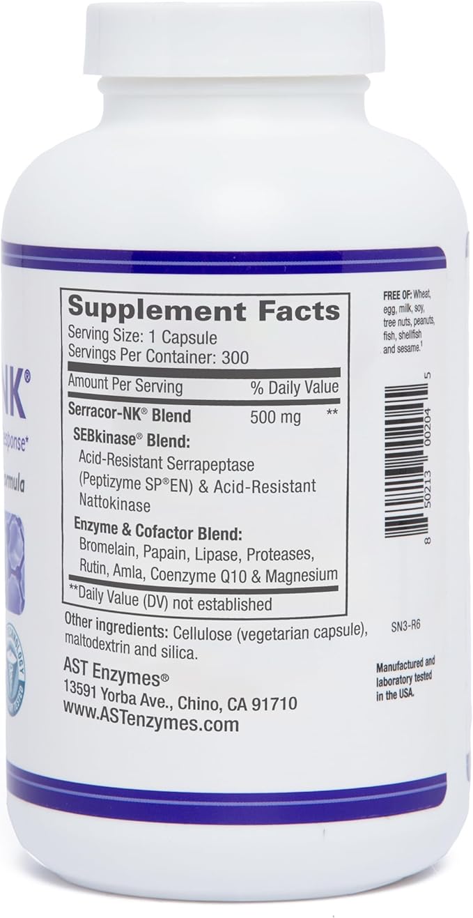 Serracor-NK – 300 Vegetarian Capsules – Circulatory and Respiratory Support – Natural Systemic Enzymes Formula – Contains Acid-Resistant Serrapeptase &amp Acid-Resistant Nattokinase