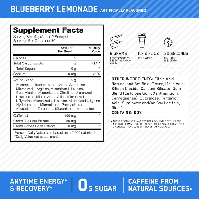 Optimum Nutrition Amino Energy - Pre Workout with Green Tea BCAA Amino Acids Keto Friendly Green Coffee Extract Energy Powder - Blueberry Lemonade 30 Servings (Packaging May Vary)