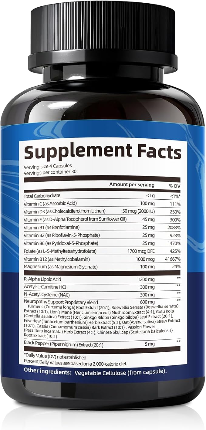 Nerve &amp Peripheral Neuropathy Support Supplement with 1200mg R-Alpha Lipoic Acid L-Carnitine Vitamin B12 B1 B6 D3 E Folate Lions Mane NAC Magnesium Turmeric - Liver Detox Antioxidant &amp Mental