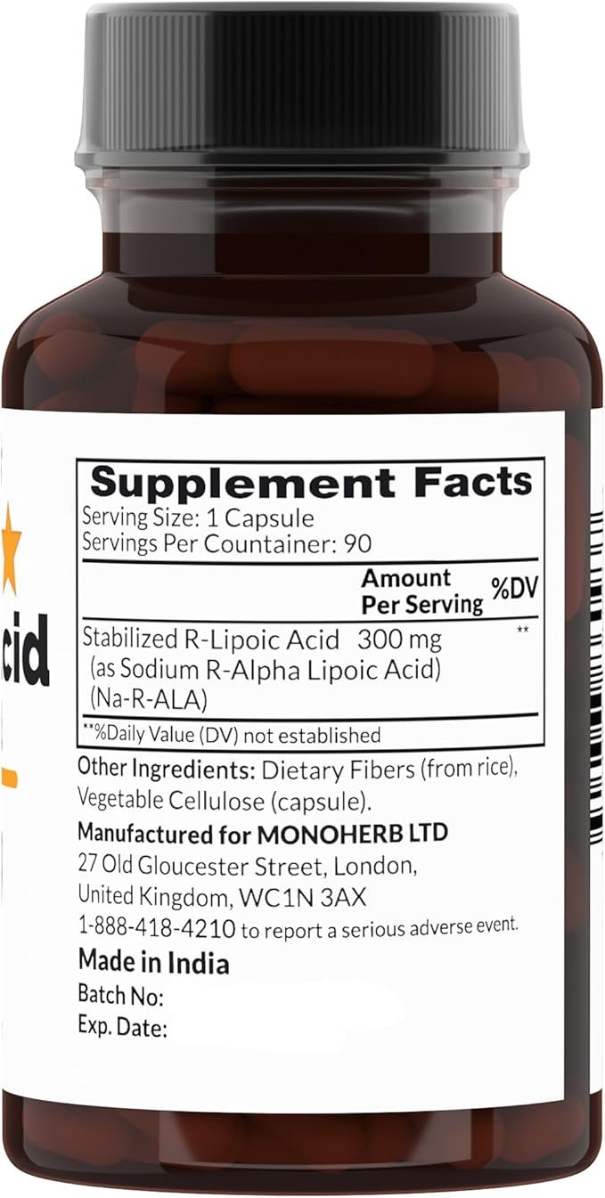 MONOHERB R-Lipoic Acid 300 mg - 90 Vegetarian Capsules - Stabilized R-Alpha-Lipoic Acid