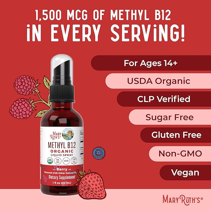 MARYRUTH'S Organic Methyl B12 Spray | 1500 mcg B12 Per Serving | Methylcobalamin | Energy Metabolism | Cognitive Function | Neuro Health | Vegan | Gluten Free | Sugar Free | 1 Fl Oz