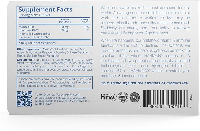 DRINK HRW Harmony Molecular Hydrogen Water Tablets: ImmunoLP20 Magnesium for Energy Boost Mental Focus Stress Support Daily Antioxidant Health Supplement (Raspberry 30 Count)