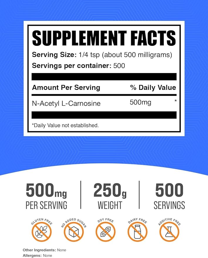 BulkSupplements.com N-Acetyl L-Carnosine Powder - Carnosine Supplement N-Acetyl Carnosine 500mg - Gluten Free 500mg per Serving 250g (8.8 oz) (Pack of 1)