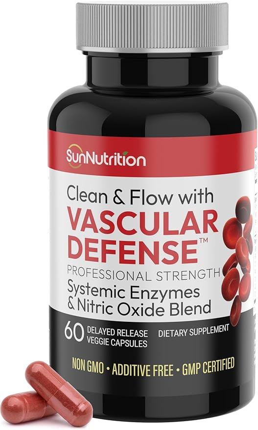 Vascular Defense Nitric Oxide Support | Systemic Enzyme Blend with Nattokinase Lumbrokinase Serrapeptase &amp Bromelain | Beet Root Extract | Spike Detox | Cardiovascular Supplement | 60 Capsules