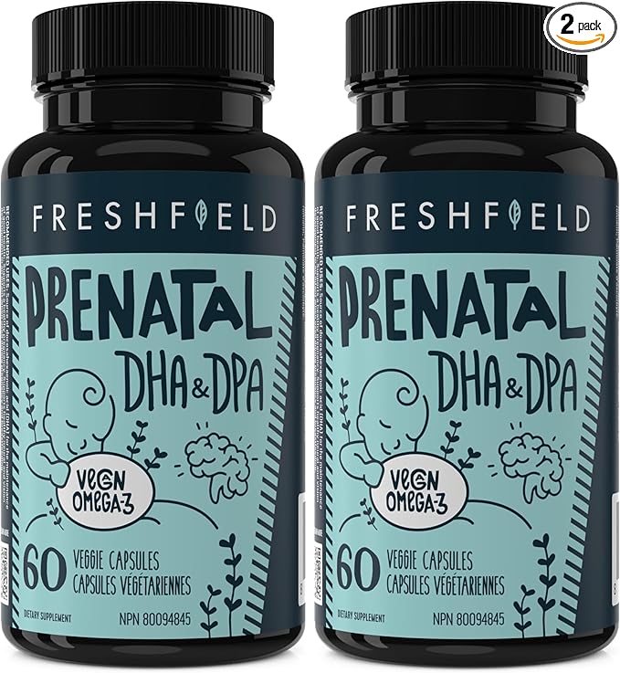 Freshfield Prenatal Vegan Omega 3 DHA: Sustainable Carrageenan Free Third Party Tested Compostable Bottle Carbon Neutral. Supports Heart Brain Joint Health w/DPA (Pack of 2)