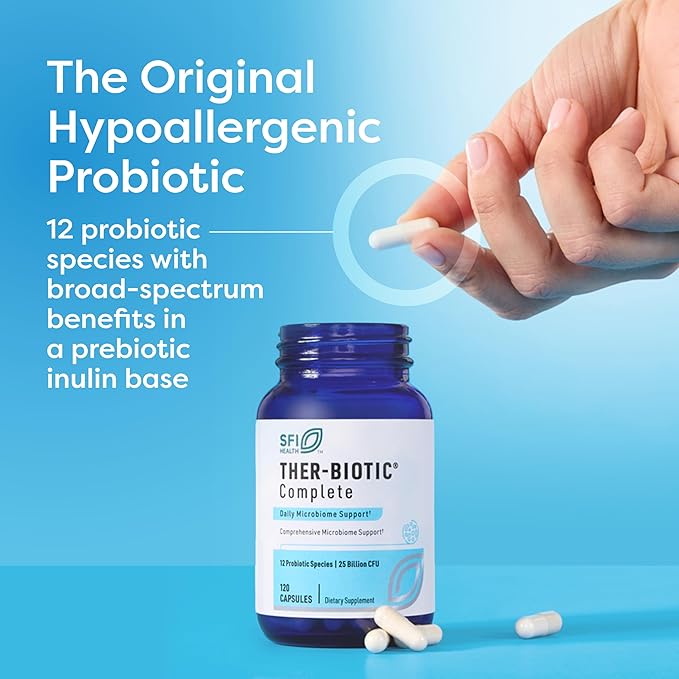 Klaire Labs SFI Health Ther-Biotic Complete - 25 Billion CFU Gut Probiotics for Women and Men - Hypoallergenic 12 Strain Probiotic Capsules for Digestive Health and Immune Support (120 ct)