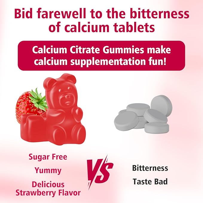 2 Packs High Absorption Calcium Citrate Gummies 1200mg - Bone &amp Teeth Support for Adults &amp Kids Vegan Sugar-Free Gummies Strawberry Flavor 120 Count