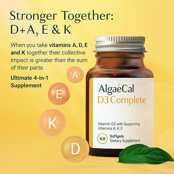ALGAECAL D3 Complete - Enhanced Immune Support &amp Bone Health with D3 K2 A &amp E - Whole Body Wellness &amp Bone Strength 60 softgels (1 Pack)