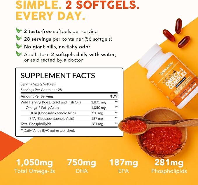 Paleovalley Omega-3 Complex Wild Caught Fish Oil Softgels 1050mg Omega-3s 750mg DHA 187mg EPA Phospholipid Bound Omega-3 Supplement for Brain Heart and Joint Health 28 Servings