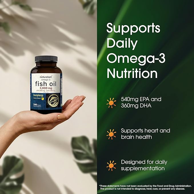 NatureBell Omega-3 Fish Oil 3000mg - 240 Softgels - Support for Joint Brain &amp Heart Health* - with EPA &amp DHA - No Burps or Fishy Aftertaste - Non-GMO &amp Mercury-Free Formula - Lemon Flavo