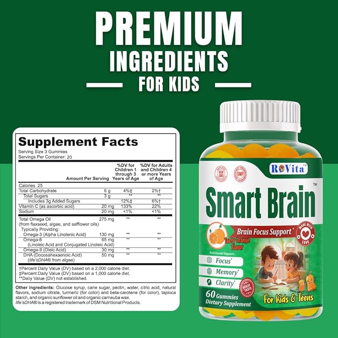 Smart Brain Kids Vitamin Gummies with Omega 3 DHA for Kids &amp Teens-Brain Support Focus Gummies for Kids - Omega 3 Brain Vitamins– Learning &amp Mental Clarity Support– 60 Gummies
