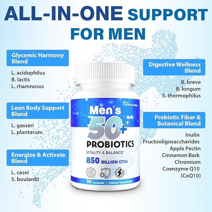 Probiotics for Men Advanced 50+ Mens Probiotic Comprehensive Gut &amp Energy Support with 850 Billion CFU 1800mg Prebiotics Fiber – Tailored Wellness mens probiotics for gut health over 50 180Cap