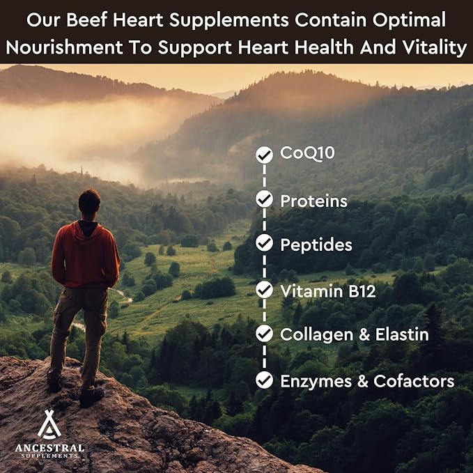 Ancestral Supplements Grass Fed Beef Heart Supplement 3300mg CoQ10 Supplement Supports Heart and Mitochondrial Health Non-GMO 180 Capsules