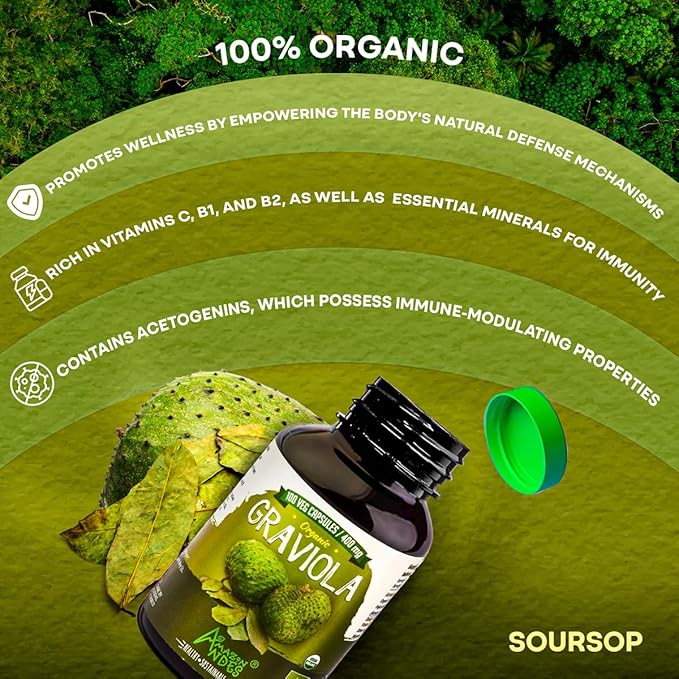 Amazon Andes Organic Graviola Soursop Leaf Capsules 400mg - USDA Certified Annona Muricata from Peruvian Amazon Rainforest - 100 Vegetarian Caps - Guanabana Brazilian Paw Paw Non-GMO