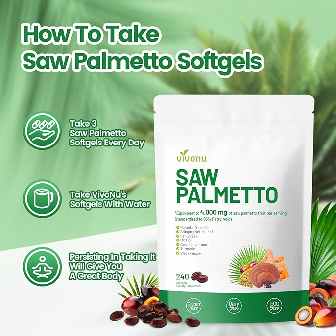 VivoNu Saw Palmetto Capsules Extract 8 in 1 Pumpkin Seed Oil - Supports Prostate Health Relieves Urination Issues Supports Hair Growth DHT Blocker 240 Softgels