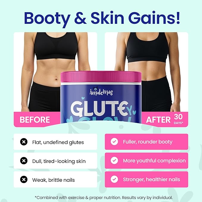 Glute Y Glow by Amatemas – Women's Creatine + Biotin Supplement for Muscle Growth Glute Support Hair Skin &amp Nails – Horchata Flavor – Energy Support – Lean Muscle – Daily Performance Blend