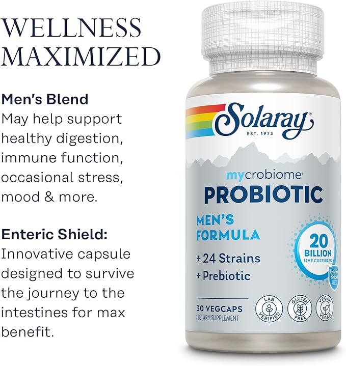 SOLARAY Mycrobiome Probiotic Mens Formula Probiotics for Men Gut Health Digestion Immune Function &amp More 20 Billion CFU Mens Probiotic 24 Strains Plus Prebiotic 30 Servings 30 VegCaps