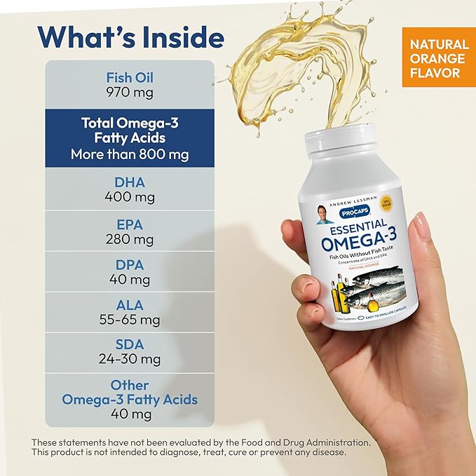ANDREW LESSMAN Essential Omega-3 Orange - 180 Softgels - Ultra-Pure High Potency Omega-3 Oils. High DHA No Stomach Upset No Contaminants No Mercury. Small Easy to Swallow Softgels