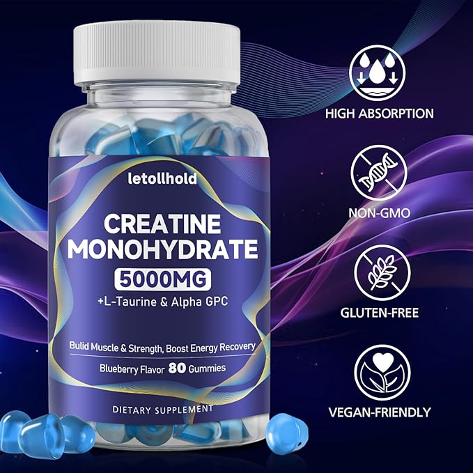 2-Pack Creatine Gummies for Women＆Men - 5g Creatine Monohydrate Gummies With L-Taurine &amp Alpha Gpc for Boost Focus Endurance Strength and Muscle Growth - Vegan Non-GMO (Blueberry 160 ct)