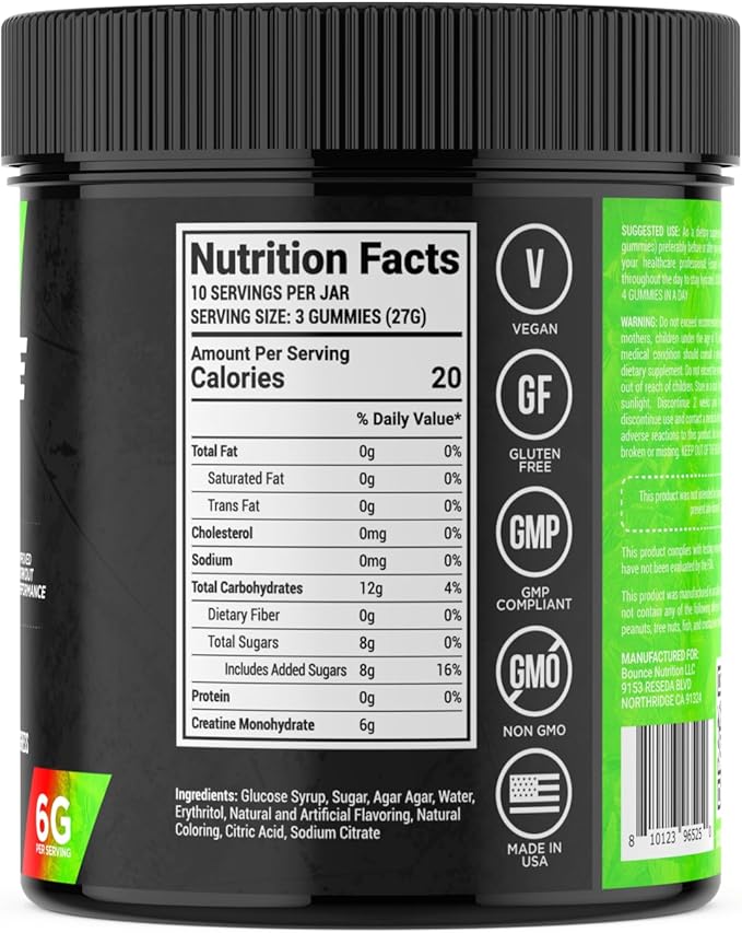Bounce Pro Creatine Monohydrate Gummies for Men &amp Women Low Calorie 6G of Creatine per Serving Vegan Anti-Melting Gluten-Free Non-GMO 2g of Creatine per Gummy (30ct Cherry Lime)
