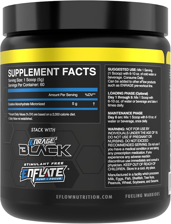 eFlow Nutrition Micronized Creatine Monohydrate Powder Unflavored No Bloat Creatine for Men &amp Women - Muscle Strength Performance &amp Recovery - 60 Servings 5g Per Serving