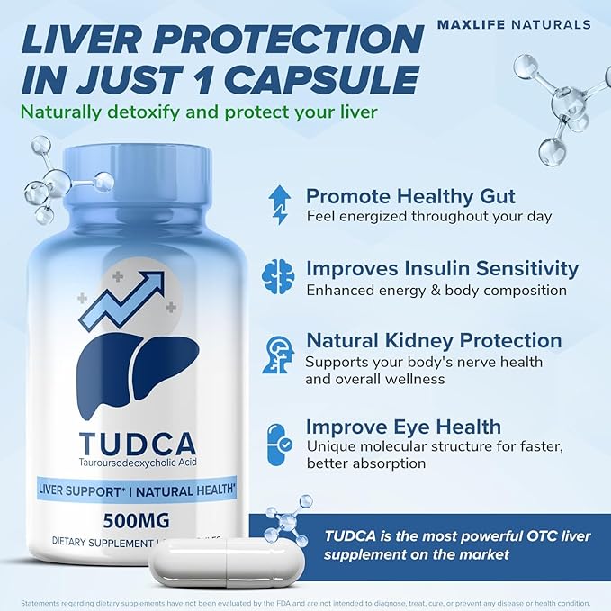 MaxLife Naturals TUDCA Liver Support Supplement 500mg – 60 Capsules Tauroursodeoxycholic Acid Nerve Cell Function Bile Salts Supplement for Liver &amp Gallbladder Support Digestive Balance Formula