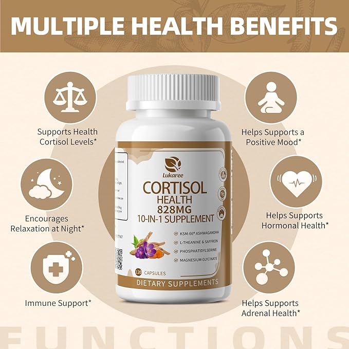 10-IN-1 Cortisol Supplements w/ KSM-66® Ashwagandha 300mg + L-Theanine 250mg Magnesium Glycinate Saffron Phosphatidylserine Turmeric &amp Vitamin C D3 B6 B5 For Women Men 120 Capsules 60-Day Su