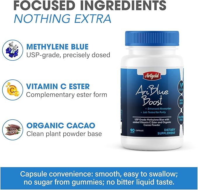 Methylene Blue Capsules 24mg - 99.99% Pharmaceutical Grade Purity - 90 Count - with Vitamin C Ester &amp Organic Cacao for Maximum Absorption - Nootropic Brain Supplement - Vegan Non-GMO Made in US