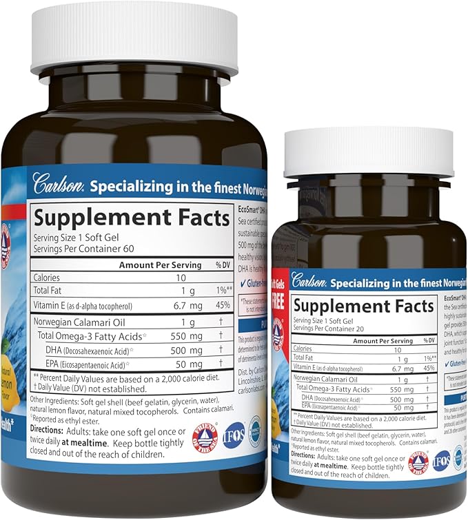 Carlson - EcoSmart DHA 500 mg DHA Sustainable Source Healthy Vision &amp Brain Function Lemon 60+20 Softgels