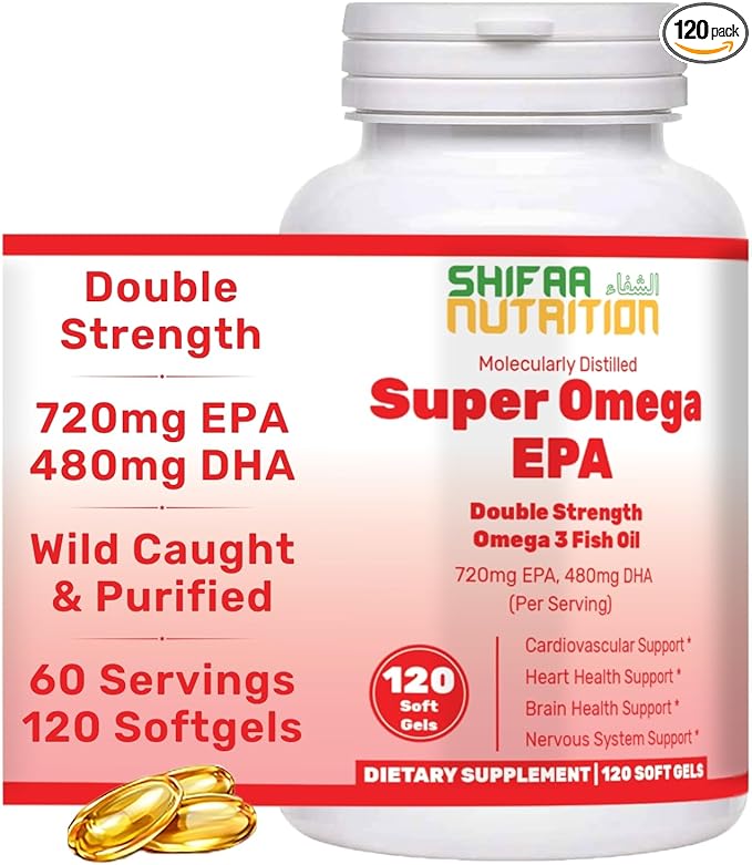 SHIFAA NUTRITION Halal Fish Oil Softgels 120 Ct Double Strength - Halal Omega 3 Fish Oil Supplements. Wild Caught Non-GMO &amp Purified