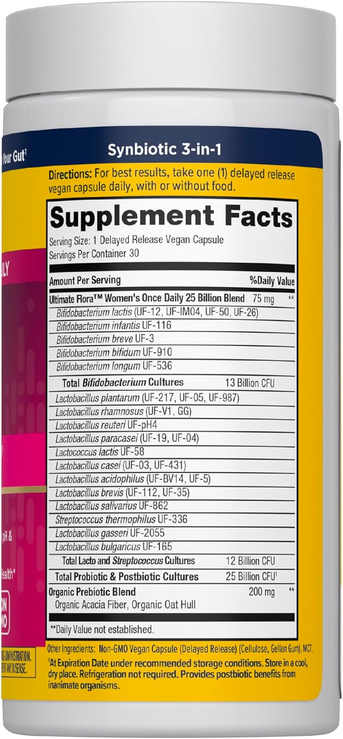 Renew Life Ultimate Flora Probiotics for Women with Prebiotics | 25 Billion CFU | 30 Delayed Release Capsules | 3 in 1 Synbiotic | Supports Digestive and Immune Health | Dairy Soy and Gluten-Free