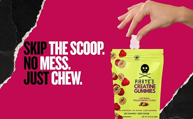Pirate's Nutrition Creatine Gummies Zero Sugar Captain's PassionBerry Curse 120 Count Passion Fruit and Raspberry Flavor 5g Creatine Monohydrate Vegan Non-GMO Gluten Free