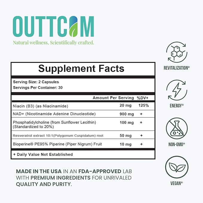 NAD+ Supplement w/Resveratrol B12 Phosphatidylcholine &amp Bioperine – 900mg NAD+ Capsule 60 Vegan Non-GMO Gluten-Free Capsules – Cellular Energy Bioavailability NAD+ &amp NMN Alternative