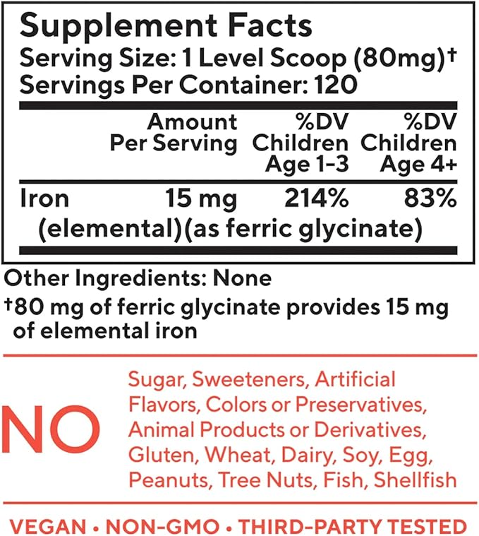 Tasteless Iron for Kids + Toddlers- 4-Month Supply- No Sweeteners Flavors or Preservatives. Add to Beverages or Food. Pure Flavorless Children's Iron Supplement.