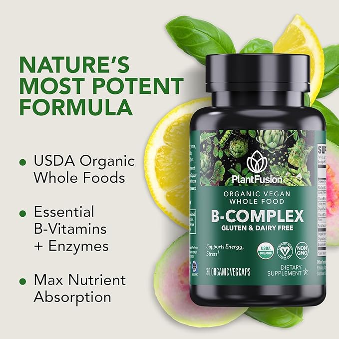 PlantFusion Organic Vitamin B-Complex Vegan Whole Food Supplement for Energy &amp Metabolism Methylated B12 Guava Lemon &amp Basil Non-GMO Gluten-Free - 30 Capsules