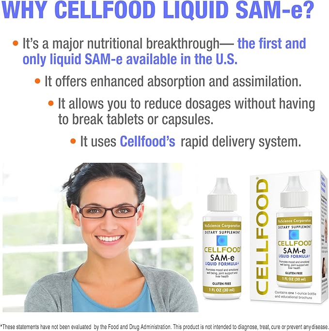 Cellfood SAM-e Liquid Formula+ 1 fl oz - Joint Support &amp Liver Health - Liquid for Easier Absorption &amp Better Bioavailability - Gluten Free Non-GMO - 30-Day Supply