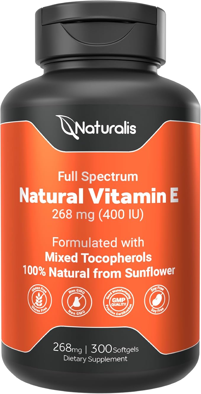 Naturalis Sunflower Vitamin E 268mg (400 IU) with Mixed Tocopherols | Essential Skin Vitamin &amp Immune Support | Non-GMO Soy &amp Gluten Free | 300 Softgels