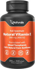 Naturalis Sunflower Vitamin E 268mg (400 IU) with Mixed Tocopherols | Essential Skin Vitamin &amp Immune Support | Non-GMO Soy &amp Gluten Free | 300 Softgels