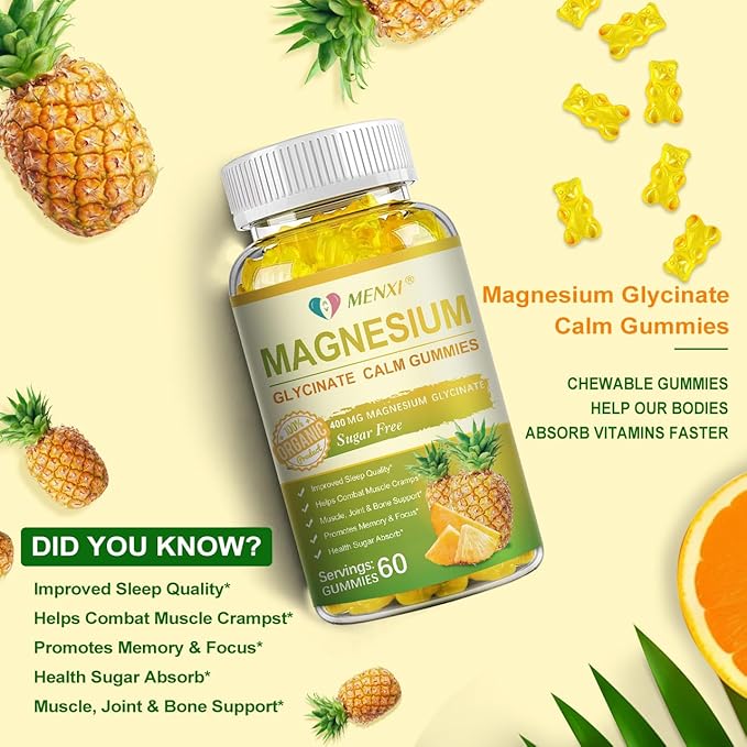 Magnesium Glycinate Gummies 400mg Sugar Free Magnesium TaurateMagnesium Malate Supplement with Vitamin D B6 CoQ10 for Relaxation Stress Relief Muscle Bone &amp Sleep Support-120 Pineapple Gumm