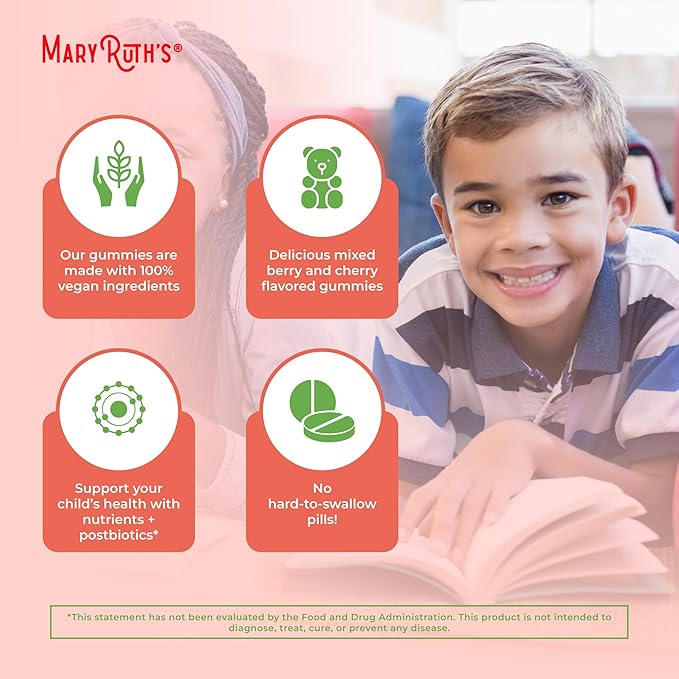 MARYRUTH'S Kids Vitamins USDA Organic | Multivitamin Gummies + Postbiotics for Ages 4+ | Multivitamin for Kids with Lactobacillus Rhamnosus | Children’s Vitamins | Vegan | Non-GMO | 60 Count
