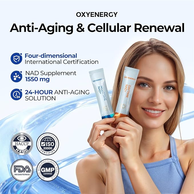 OxyEnergy NAD Supplement 1550 mg-Daytime Nicotinamide Riboside + Nighttime L-Tryptophan with Resveratrol Glutathione PQQ 24-Hour Nonstop Energy Anti-Aging &amp Cellular Renewal 28 Packets