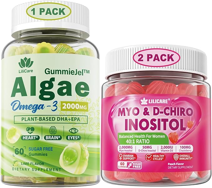 Bundle: Vegan Omega 3 Supplement Gummies &amp Inositol Gummies Ideal 40:1 Ratio Myo &amp D-Chiro Inositol