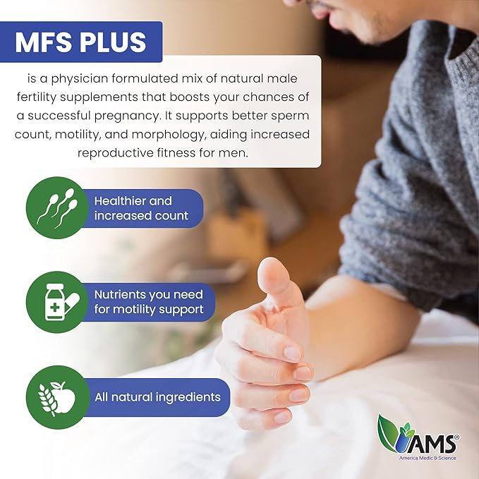America Medic &amp Science MFS Plus Fertility Supplements for Men (60 Capsules) Sperm Count Booster Supports Motility | Natural Preconception Vitamins Reproductive Aid with Zinc CoQ10