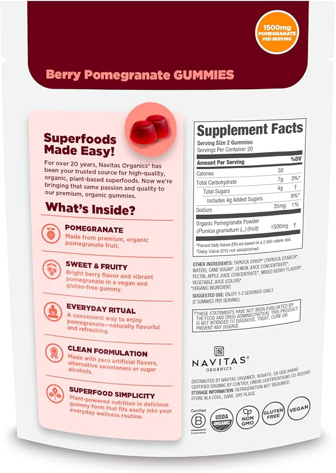 Navitas Organics Gummies – Berry Flavored Pomegranate Gummies – 1500mg Pomegranate Per Serving – Inner Radiance – USDA Organic Vegan Gluten Free Non GMO (7oz. Bag 20 Servings)