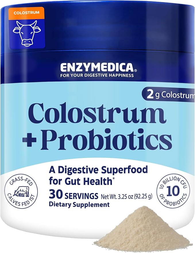 Enzymedica Colostrum + Probiotics Powder Supplement - Grass Fed Bovine Colostrum for Women &amp Men Peptide &amp Lactoferrin Support Promotes Hair Skin Nails Immune &amp Gut Health Gluten Fre