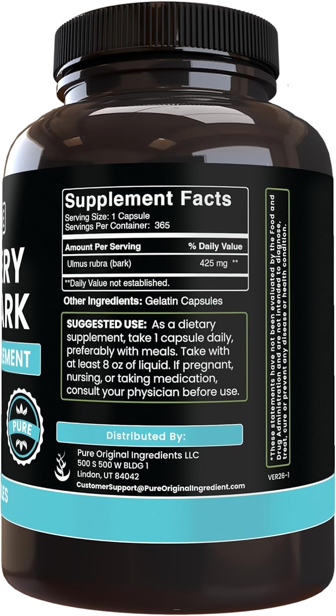 Pure Original Ingredients Slippery Elm Bark (365 Capsules) No Magnesium Or Rice Fillers Always Pure Lab Verified