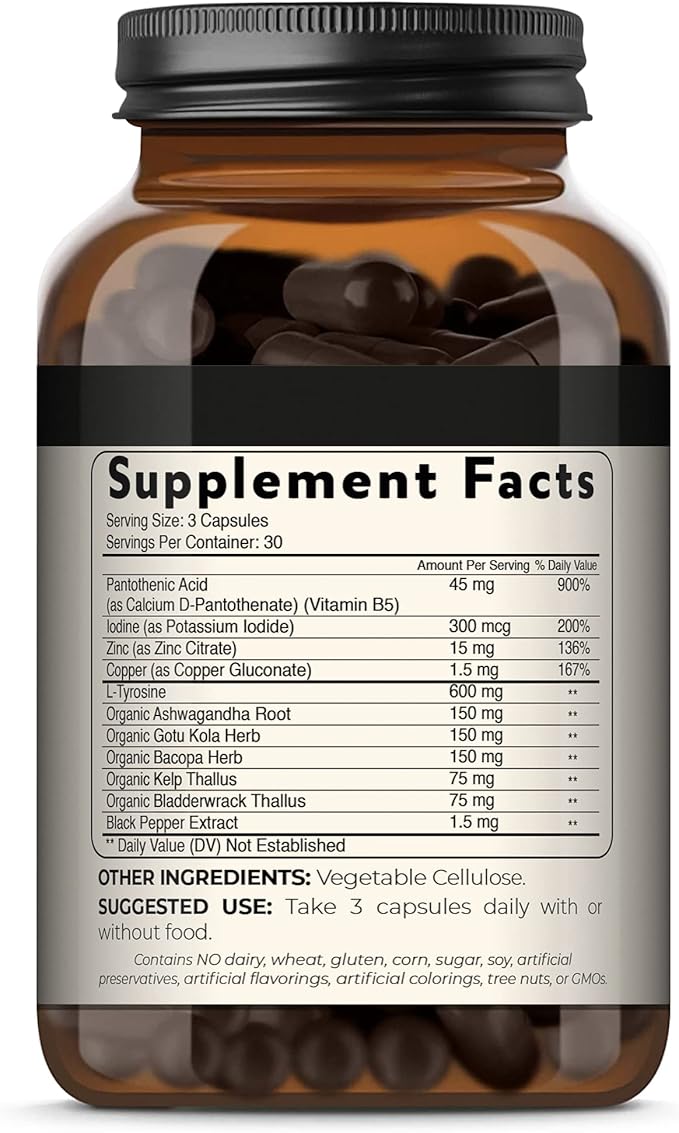 Blisque – Thyroid Support Supplement Complex for Metabolism Boost and Increased Energy Clarity and Focus | Doctor-Approved | with Iodine Ashwagandha Zinc L-Tyrosine | 90 Capsules